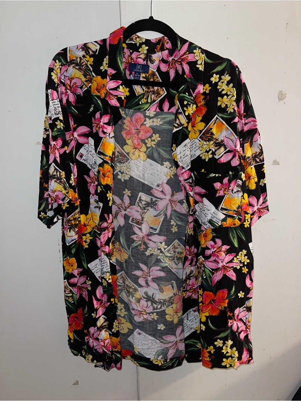George Black Floral Print Button-Up Shirt with Pink and Yellow Blooms
